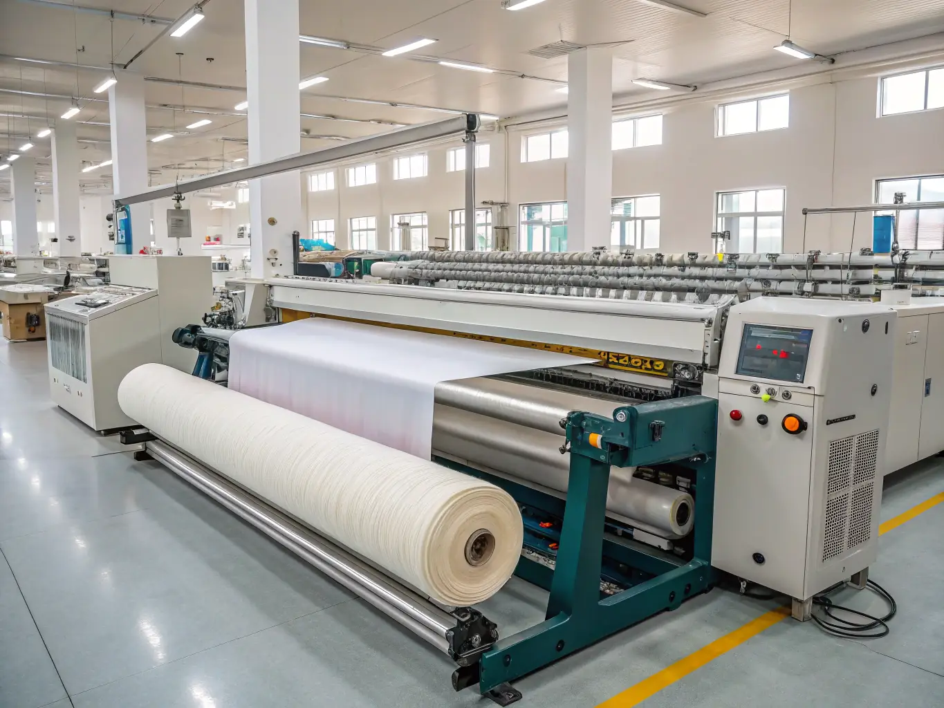 Close-up of textile fabrics undergoing chemical treatment in a processing plant, emphasizing the finishing process.