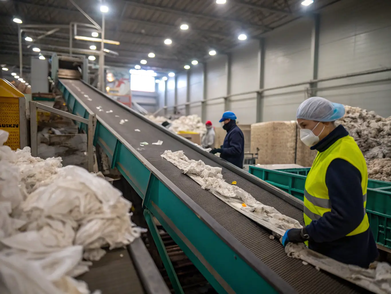An image showcasing textile workers applying chemicals to mink blankets on a production line, highlighting the pre-treatment process.